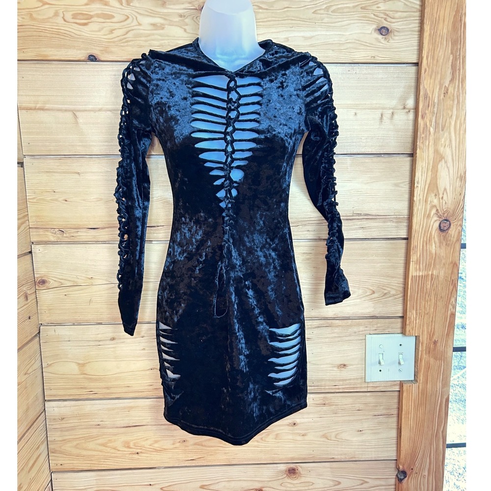 Black Crushed Velvet Hooded Cut Out Mini Dress Long‎ Sleeve Goth Festival Scene